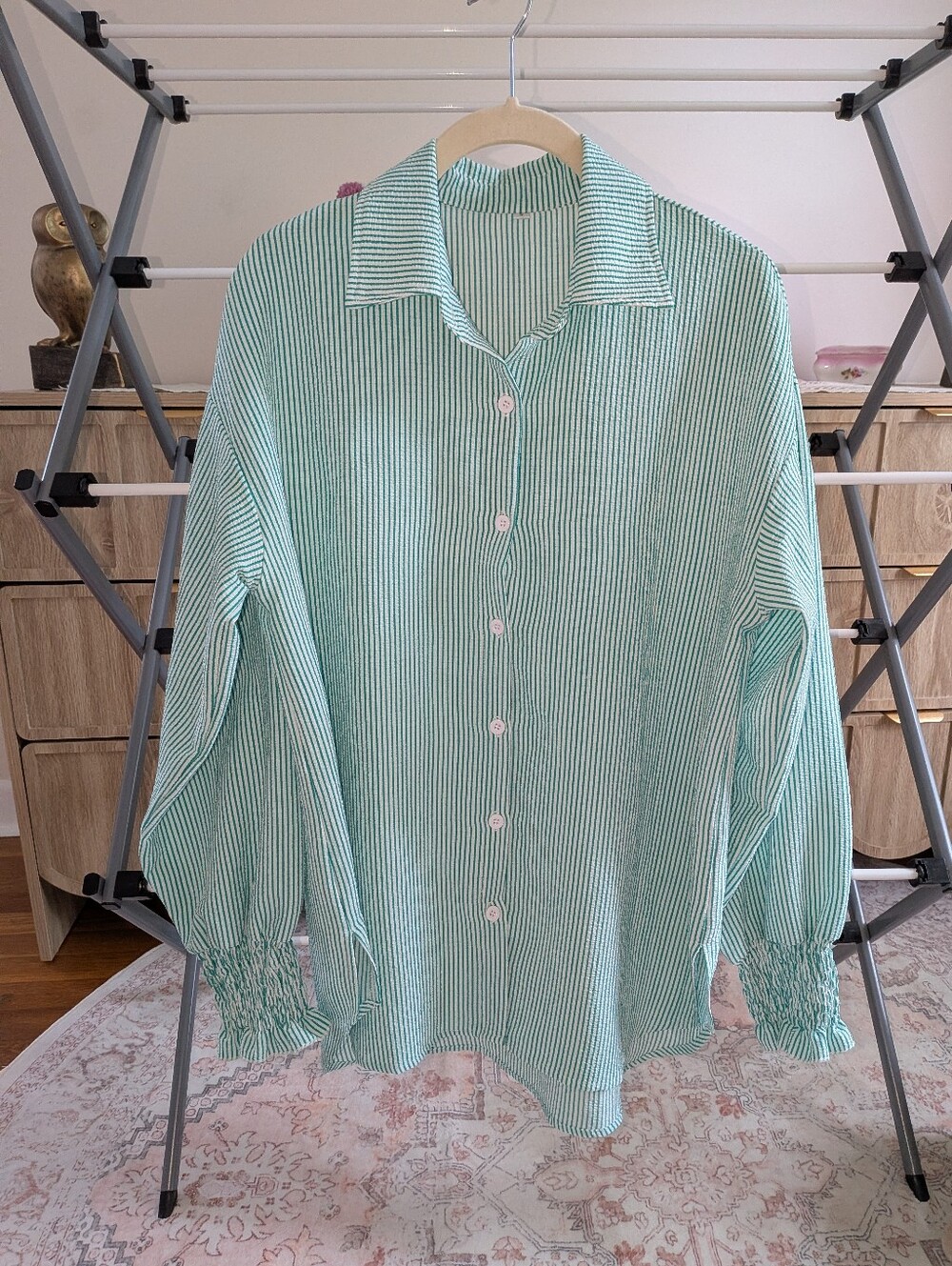 Light Green Striped Womens Button-Up Shirt